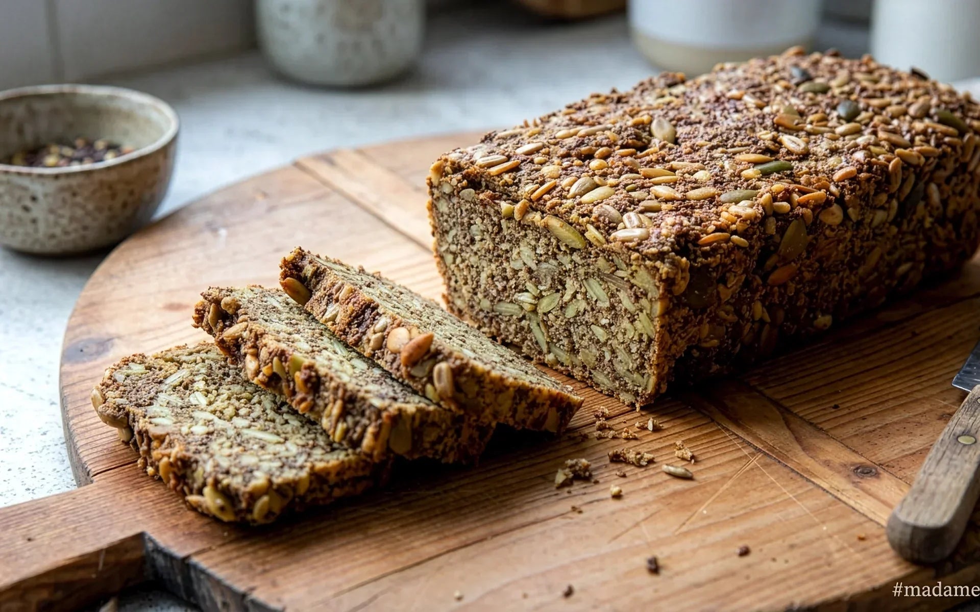 Glutenfreies Kernebrot aufgeschnitten auf Holzbrett